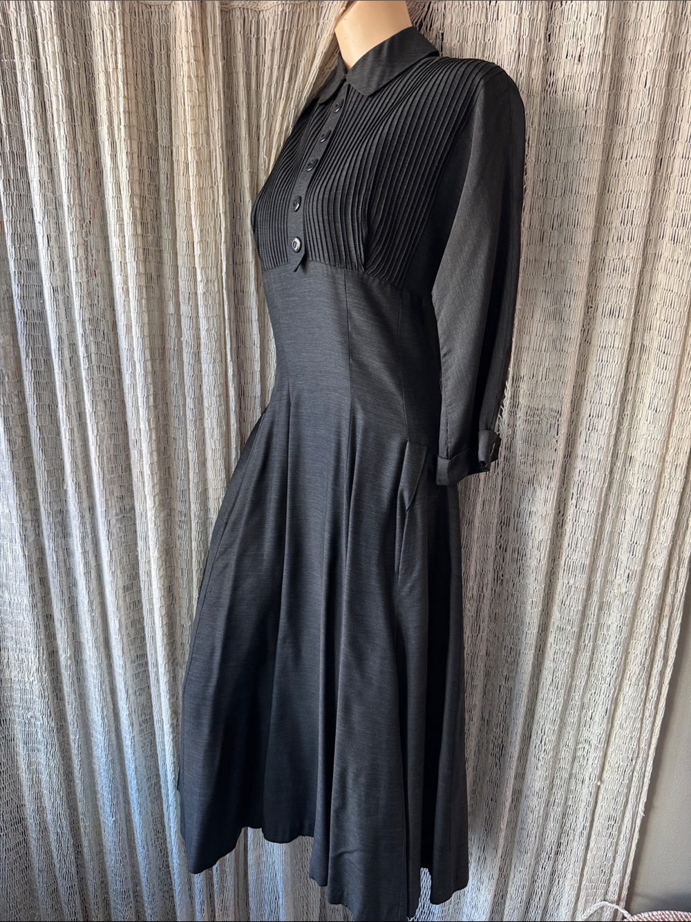 Amazing original vintage 50s Goth Black wool/acetate Pleated-Front Women’s Dress
